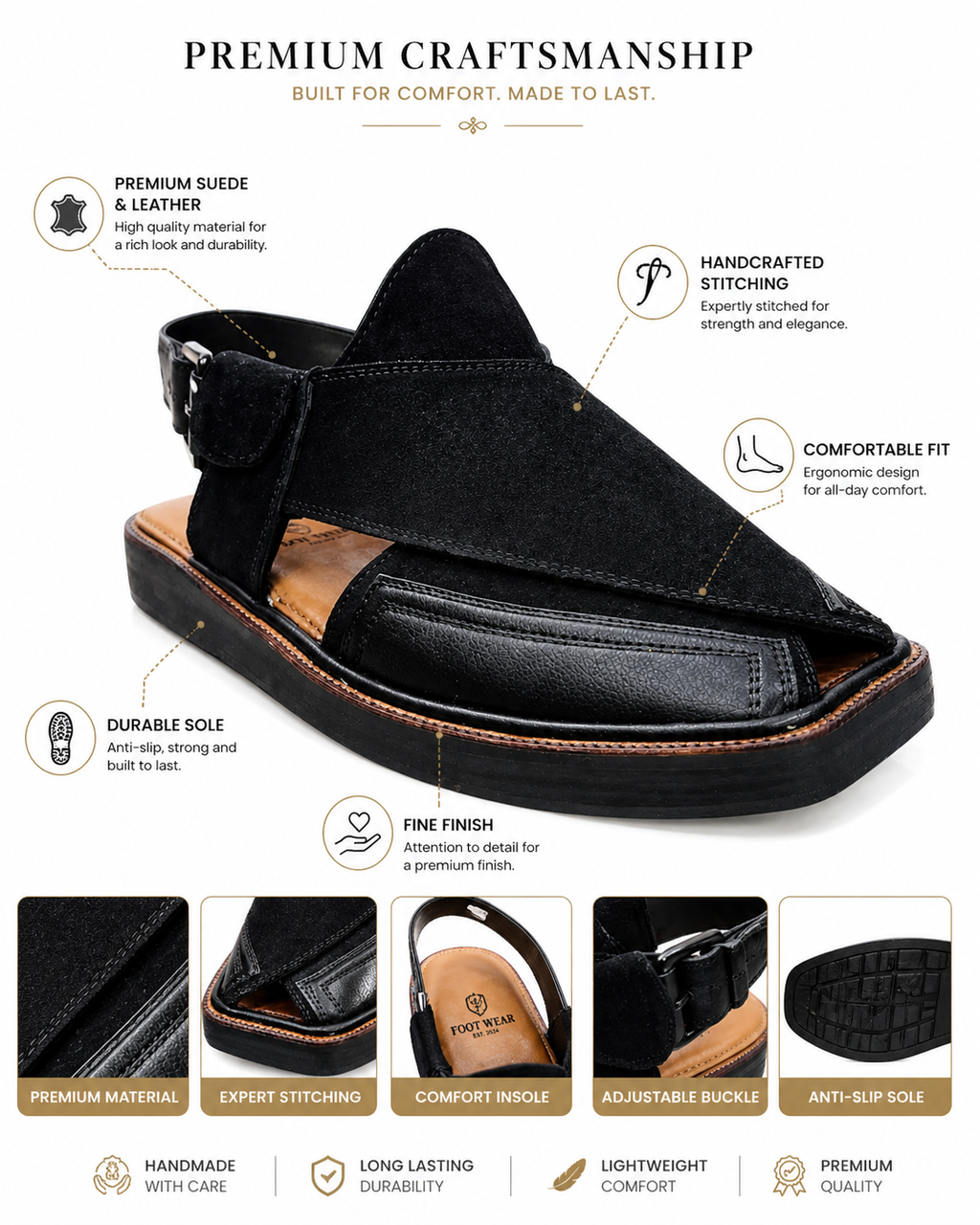 Royal Black Suede Peshawari Sandal — Handcrafted